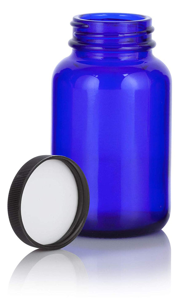 Cobalt Blue Glass Packer Bottle with Black Ribbed Lid - 4 oz / 120 ml
