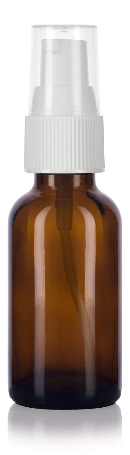 Amber Glass Boston Round Treatment Pump Bottle with White Top - 1 oz / 30 ml