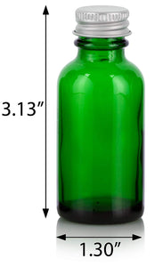 Green Glass Boston Round Screw Bottle with Silver Metal Cap - 1 oz / 30 ml