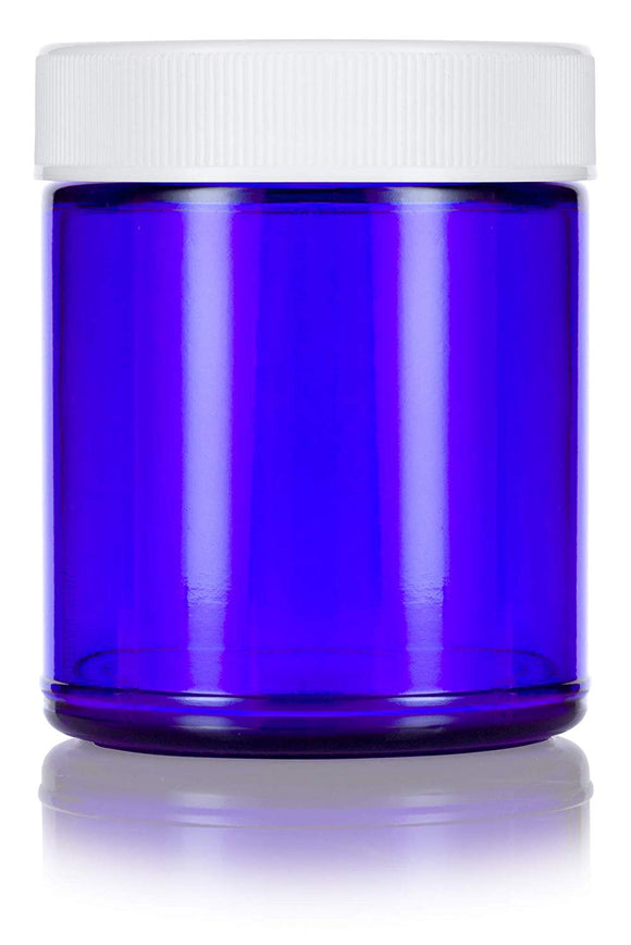 Cobalt Blue Glass Large Straight Sided Jar - 9 oz / 270 ml- Airtight, Smell Proof, BPA Free Lids - JUVITUS