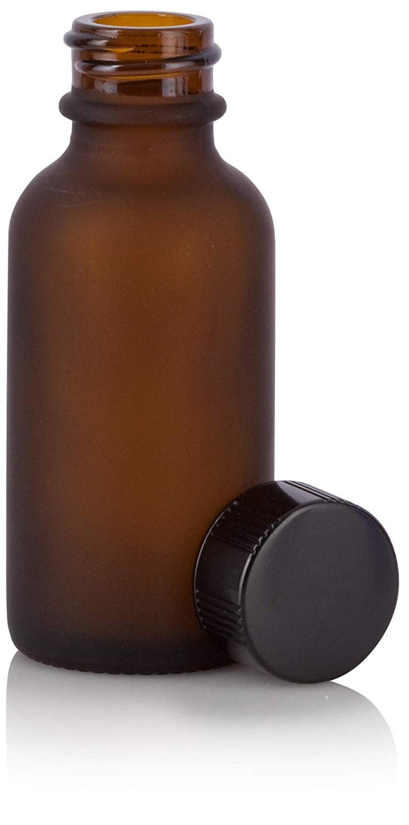 Frosted Amber Glass Boston Round Bottle with Black Phenolic Cap - 1 oz / 30 ml