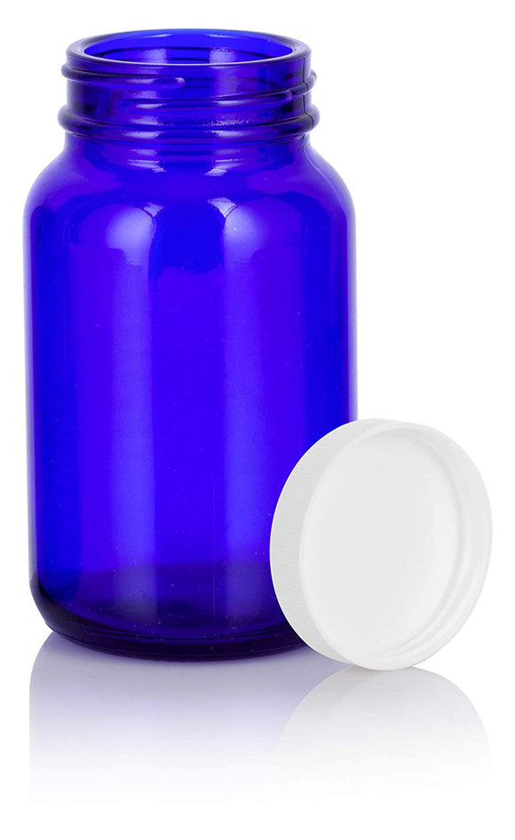 Cobalt Blue Glass Packer Bottle with White Ribbed Lid - 5 oz / 150 ml