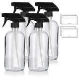 16 oz Clear Glass Boston Round Bottle with Black Trigger Spray (4 Pack)