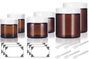 6 piece Amber Glass Straight Sided Jar Multi Size Set : Includes 2-1 oz, 2-2 oz, and 2-4 oz Amber Glass Jars with White Lids + Spatulas and Labels for Aromatherapy, Essential Oils, Travel and Home