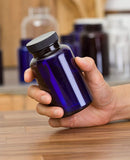Cobalt Blue Plastic Wide Mouth Packer Bottle with Black Ribbed Lid - 8 oz / 250 ml