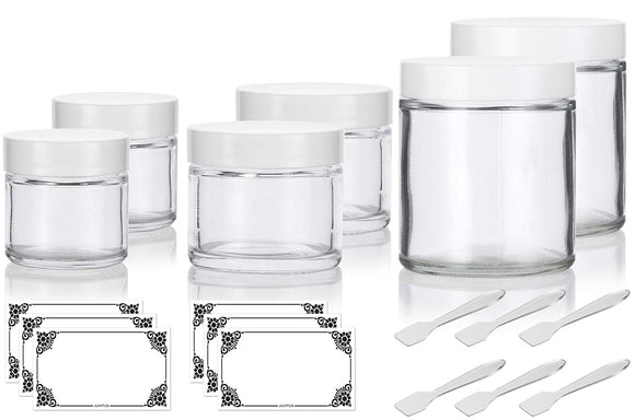 6 piece Clear Glass Straight Sided Jar Multi Size Set : Includes 2-1 oz, 2-2 oz, and 2-4 oz Clear Glass Jars with White Lids + Spatulas and Labels for Aromatherapy, Essential Oils, Travel and Home