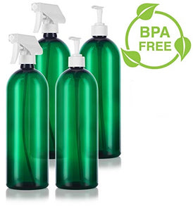 Green 32 oz Slim Cosmo PET Bottles (BPA Free) White Lotion Pump and Trigger Spray Set - 4 PACK