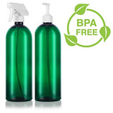 Green 32 oz Slim Cosmo PET Bottles (BPA Free) White Lotion Pump and Trigger Spray Set - 2 PACK