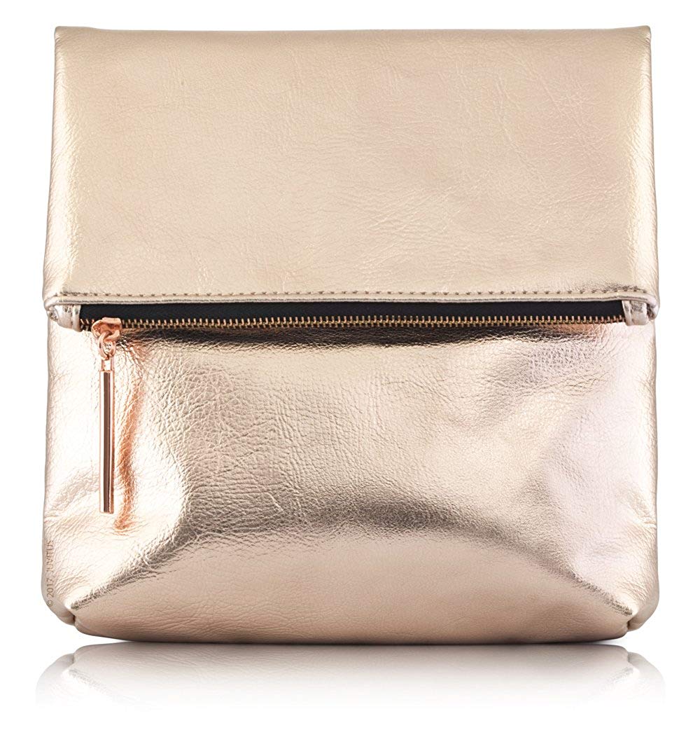 JUVITUS Small Envelope Clutch Bag, 8 x 6 Inches, Metallic Rose Gold for Cosmetics, Makeup, Cellphone, and Wallet - Made of Premium Vegan Leather (SEV8)