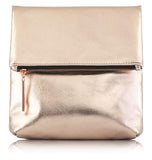Rose Gold Metallic Premium PU Vegan Leather Fold Over Clutch Bag, Fully Lined with Rose Gold Zipper