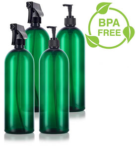 Green 32 oz Slim Cosmo PET Bottles (BPA Free) Lotion Pump and Trigger Spray Set - 4 PACK