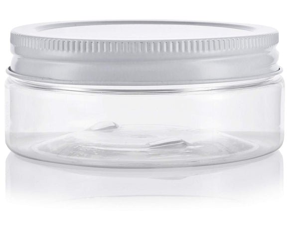 Plastic Extra Low Profile Jar in Clear with White Metal Plastisol Lid - 4 oz / 120 ml