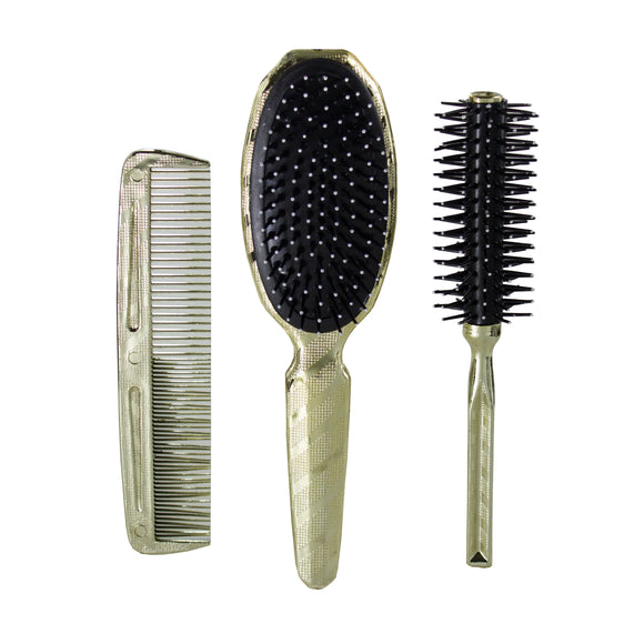 Gold Color 3 piece Hair Brush and Comb Set