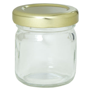 Glass Canning Jar in Clear with Gold Metal Plastisol Lid -  1.25 oz / 37 ml