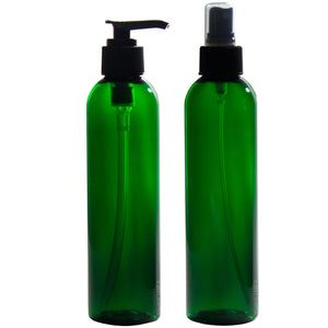 8 oz Green Slim Cosmo Plastic PET Refillable BPA Free Bottle Set (6 pack: 3 - Black Lotion Pumps 3 - Fine Mist Sprayers) + Labels
