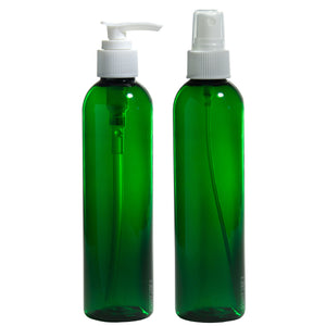 8 oz Green Slim Cosmo Plastic PET Refillable BPA Free Bottle Set (6 pack: 3 - White Lotion Pumps 3 - Fine Mist Sprayers) + Labels