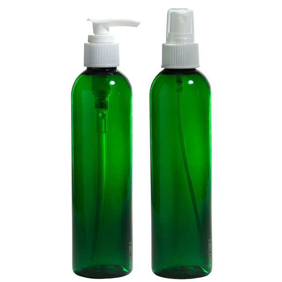 8 oz Green Slim Cosmo Plastic PET Refillable BPA Free Bottle Set (6 pack: 3 - White Lotion Pumps 3 - Fine Mist Sprayers) + Labels