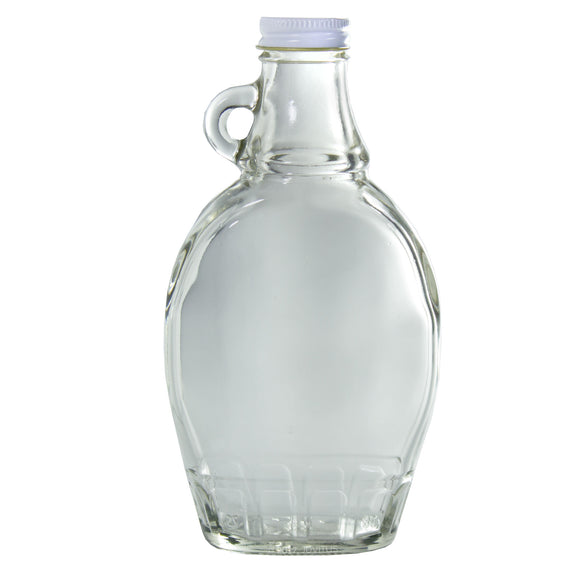 Clear Glass Sauce & Syrup Bottle with White Metal Plastisol Lid - 8 oz / 250 ml