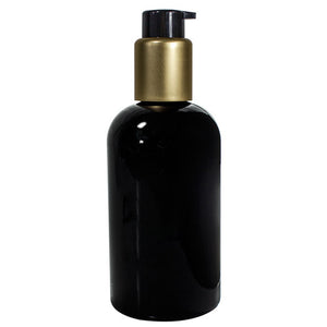 Black Plastic Boston Round Treatment Pump Bottle with Gold and Black Top - 8 oz / 250 ml