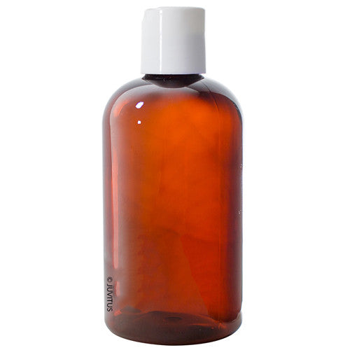 Amber Plastic Boston Round Bottle with White Disc Cap - 8 oz / 250 ml