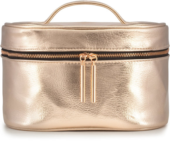 Large Rose Gold Metallic Cosmetic Makeup Train Toiletry Organizer Bag for Travel & Storage, Made of Vegan Leather