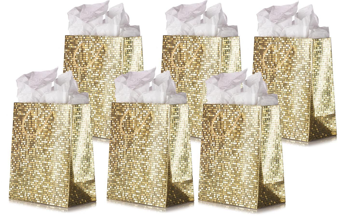 Gold Metallic Luxury Mosaic Tile Textured Print Design Gift Bag - Medium  Size Bag - (7.75 x 9.88) 6 PACK for Any Celebration or Event