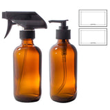 Amber Boston Round Thick Glass Spray and Pump Bottle Set - 8 oz + Labels - JUVITUS