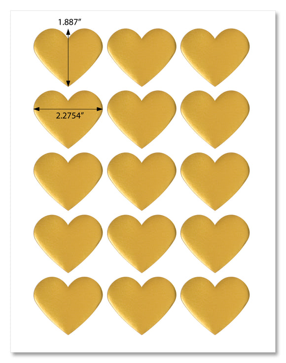 Shiny Gold Foil Heart Shaped Labels, 2.2 x 1.8 Inches, for LASER PRINTERS with Downloadable Template and Printing Instructions, 5 Sheets, 75 Labels (HTG3)