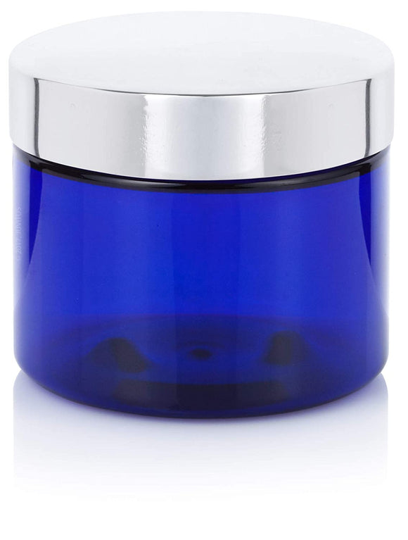 6 oz Cobalt Blue Plastic Low Profile Jar with Silver Metal Overshell Lid