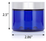 6 oz Cobalt Blue Plastic Low Profile Jar with Silver Metal Overshell Lid