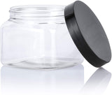 16 oz Clear Plastic PET Square Jar (BPA Free) with Black Smooth Lid (12 Pack)