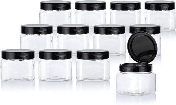 16 oz Clear Plastic PET Square Jar (BPA Free) with Black Flip Top Cap (12 Pack)