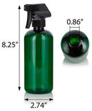 Green Plastic PET Boston Round Bottle (BPA Free) with Black Trigger Spray (12 Pack)