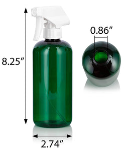 16 oz Green Plastic PET Boston Round Bottle (BPA Free) with White Trigger Spray (12 Pack)
