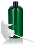 16 oz Green Plastic PET Boston Round Bottle (BPA Free) with White Trigger Spray (12 Pack)