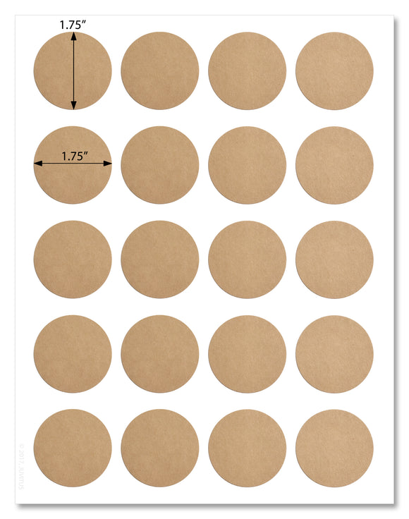 Textured Brown Kraft 1.75 Inch Diameter Circle Labels with Template and Printing Instructions, 5 Sheets, 100 Labels (BK17)