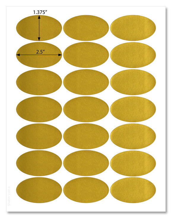 Shiny Gold Foil Oval Labels, 2.5 x 1.37 Inches, For Laser Printers with Template and Printing Instructions, 5 Sheets, 105 Labels (GO25)