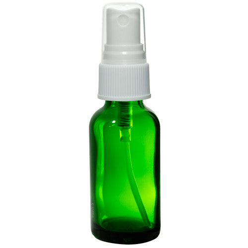 Green Glass Boston Round Fine Mist Spray Bottle with White Sprayer - 1 oz / 30 ml Travel Bag