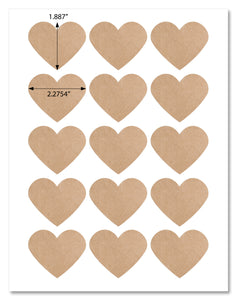 Textured Brown Kraft Heart Shaped Labels, 2.2 x 1.8 Inches, with Downloadable Template and Printing Instructions, 5 Sheets, 75 Labels (HTB1)