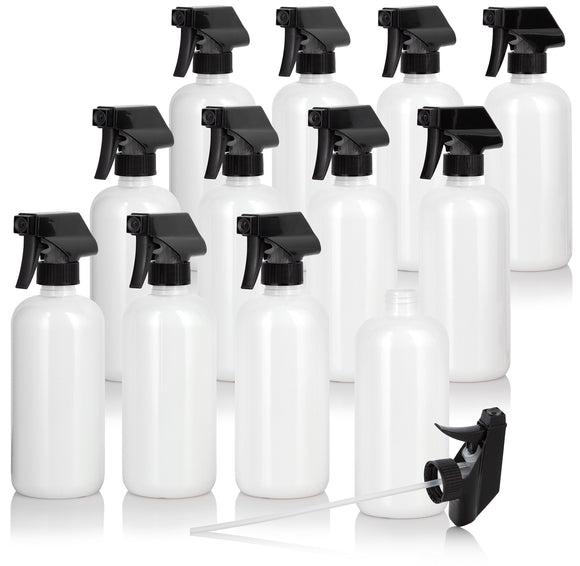 White Plastic PET Boston Round Bottle (BPA Free) with Black Trigger Spray (12 Pack)