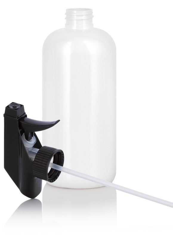 White Plastic PET Boston Round Bottle (BPA Free) with Black Trigger Spray (12 Pack)