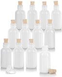 Opal White Glass Boston Round Cork Bottle with Natural Stopper ( 12 Pack)