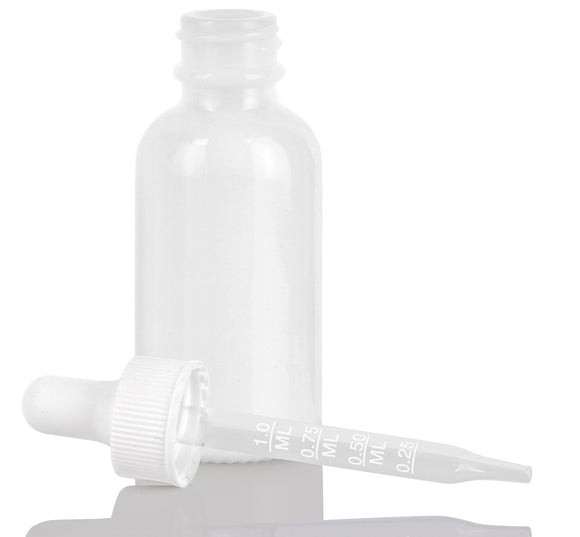 Opal Glass Boston Round Bottle with White Top Graduated Measurement Glass Dropper (12 Pack)