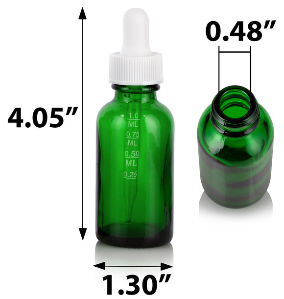 Green Glass Boston Round Bottle with White Top Graduated Measurement Glass Dropper (12 Pack)