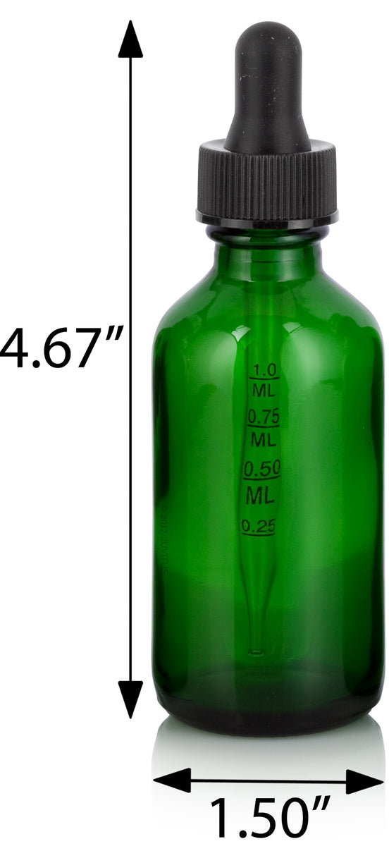 Green Glass Boston Round Bottle With Graduated Measurement Black Dropper 12 Pack