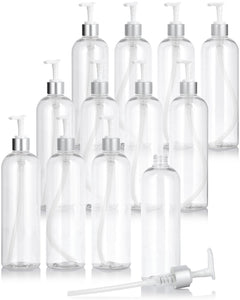 16 oz Clear Plastic PET Slim Cosmo Round Bottle with Silver Lotion Pump (12 Pack)