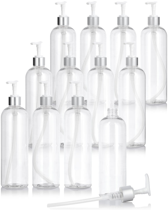 16 oz Clear Plastic PET Slim Cosmo Round Bottle with Silver Lotion Pump (12 Pack)