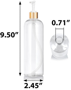 16 oz / 500 ml Clear Plastic PET Slim Cosmo Round Bottle (BPA Free) with Gold Lotion Pump