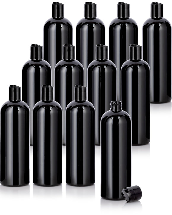 16 oz / 500 ml Black Plastic PET Slim Cosmo Round Bottle (BPA Free) with Black Disc Cap