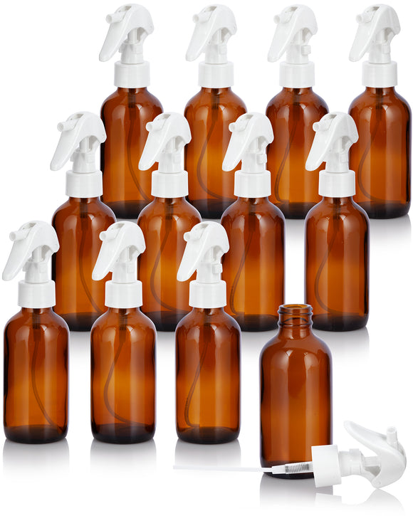 Amber Glass Boston Round Bottle with White Trigger Spray (12 Pack)